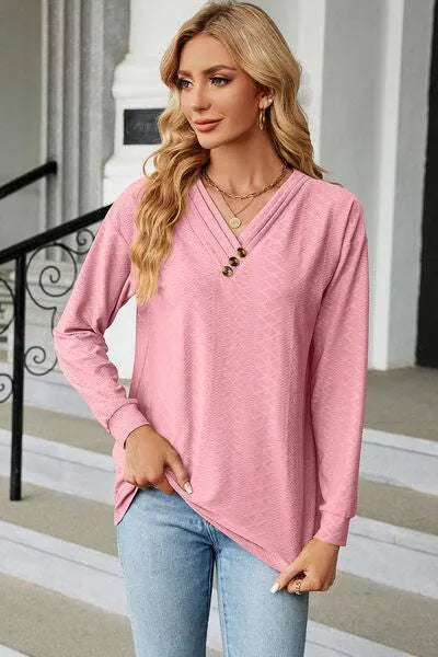 V-Neck Long Sleeve T-Shirt Blush Pink Women's T-Shirts - Tophatter Daily Deals